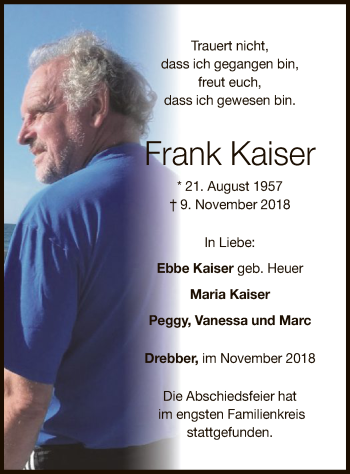 Traueranzeige von Frank Kaiser von SYK