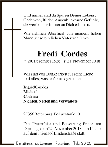 Traueranzeige von Fredi Cordes von SYK