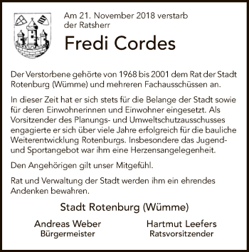 Traueranzeige von Fredi Cordes von SYK