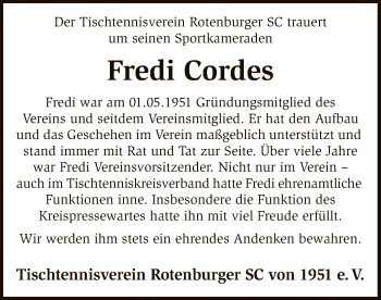 Traueranzeige von Fredi Cordes von SYK