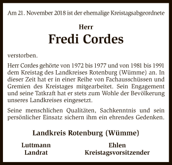 Traueranzeige von Fredi Cordes von SYK