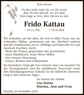 Traueranzeige von Frido Kattau von SYK