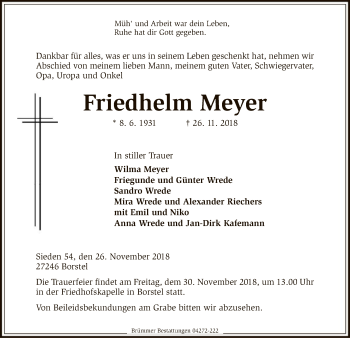 Traueranzeige von Friedhelm Meyer von SYK