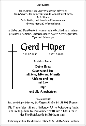 Traueranzeige von Gerd Hüper von SYK