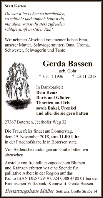 Traueranzeige von Gerda Bassen von SYK