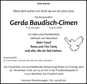 Traueranzeige von Gerda Baudisch-Cimen von SYK