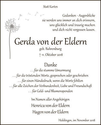 Traueranzeige von Gerda von der Eldern von SYK