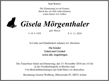 Traueranzeige von Gisela Mörgenthaler von SYK