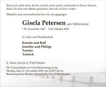 Traueranzeige von Gisela Petersen von SYK