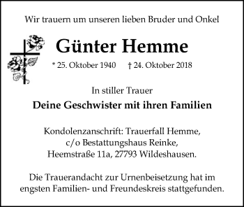 Traueranzeige von Günter Hemme von SYK