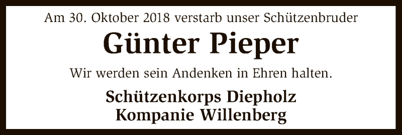  Traueranzeige für Günter Pieper vom 01.11.2018 aus SYK