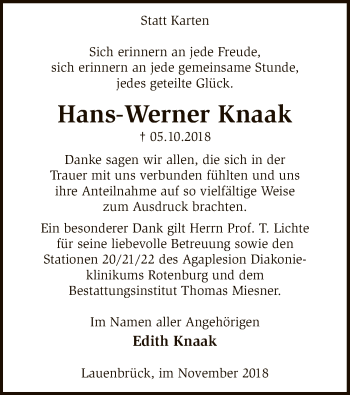 Traueranzeige von Hans-Werner Knaak von SYK