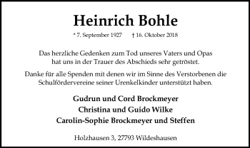 Traueranzeige von Heinrich Bohle von SYK