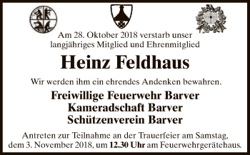 Traueranzeige von Heinz Feldhaus von SYK