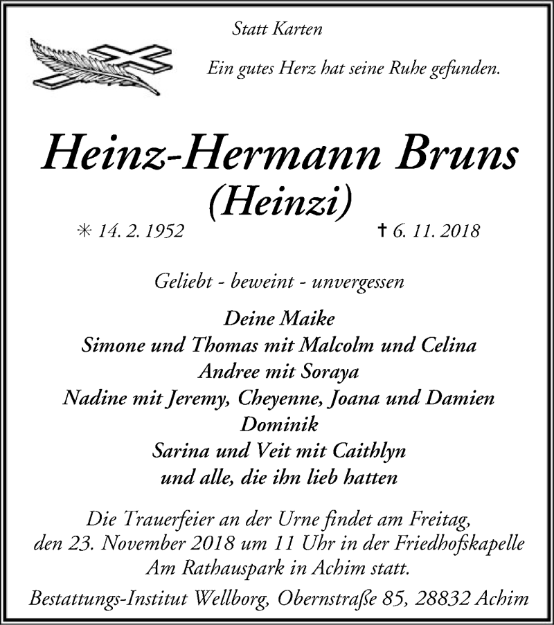 Traueranzeige für Heinz-Hermann Bruns vom 16.11.2018 aus SYK