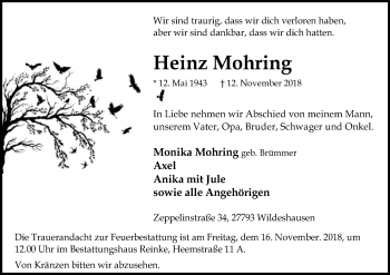 Traueranzeige von Heinz Mohring von SYK