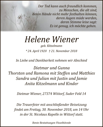 Traueranzeige von Helene Wiener von SYK