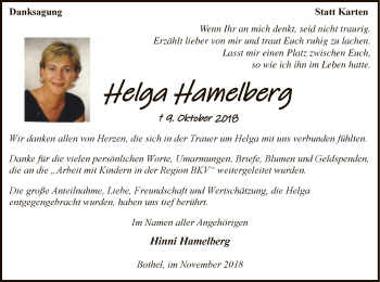 Traueranzeige von Helga Hamelberg von SYK