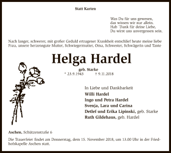 Traueranzeige von Helga Hardel von SYK