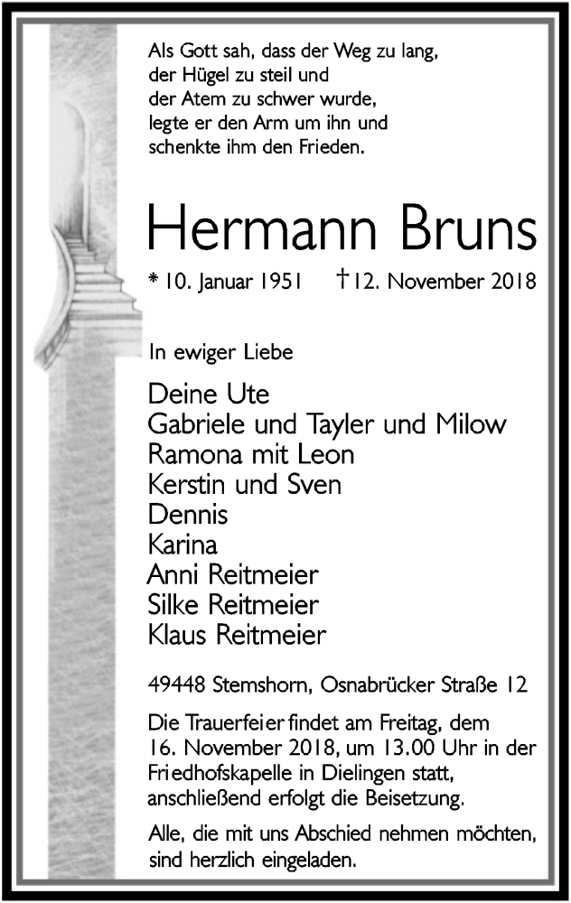  Traueranzeige für Hermann Bruns vom 14.11.2018 aus SYK