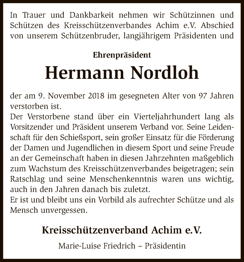  Traueranzeige für Hermann Nordloh vom 16.11.2018 aus SYK