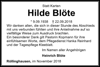 Traueranzeige von Hilde Blöte von SYK