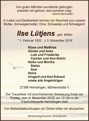 Traueranzeige von Ilse Lütjens von SYK