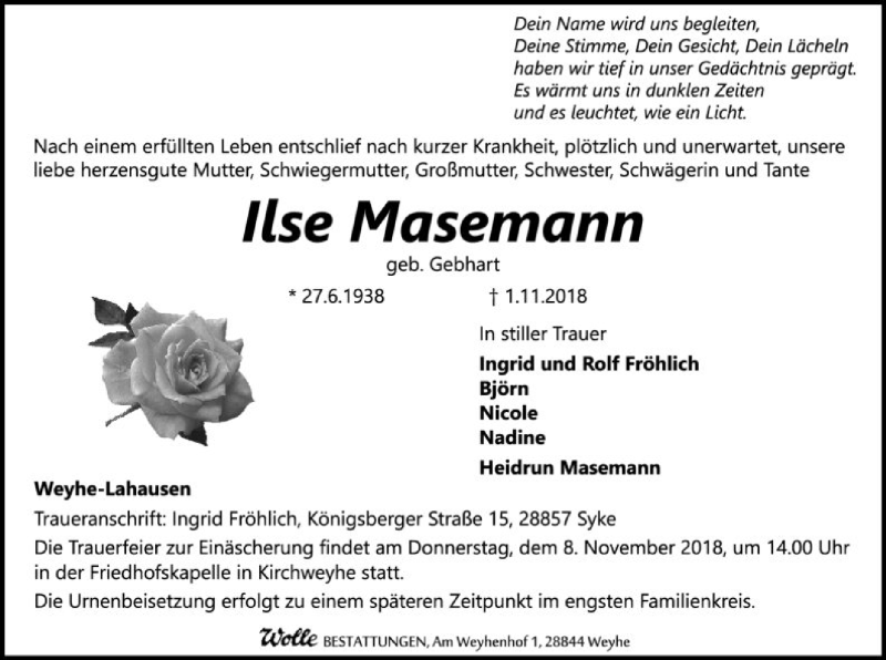  Traueranzeige für Ilse Masemann vom 05.11.2018 aus SYK
