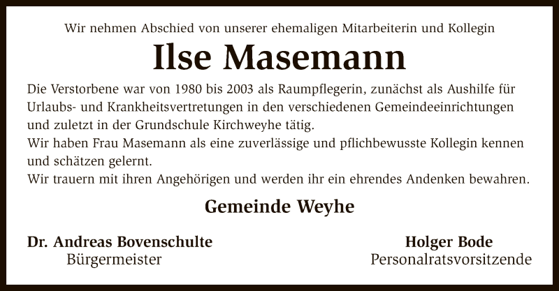  Traueranzeige für Ilse Masemann vom 08.11.2018 aus SYK