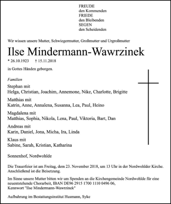 Traueranzeige von Ilse Mindermann-Wawrzinek von SYK