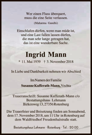 Traueranzeige von Ingrid Mann von SYK