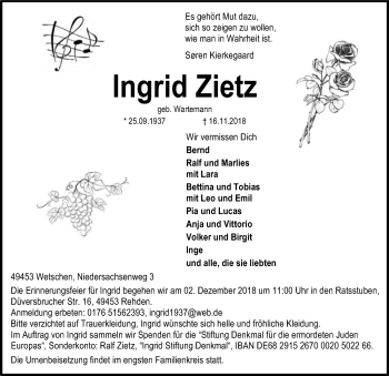 Traueranzeige von Ingrid Zietz von SYK