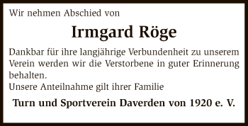 Traueranzeige von Irmgard Röge von SYK