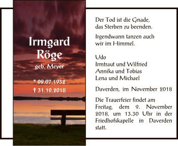 Traueranzeige von Irmgard Röge von SYK