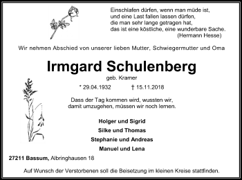 Traueranzeige von Irmgard Schulenberg von SYK