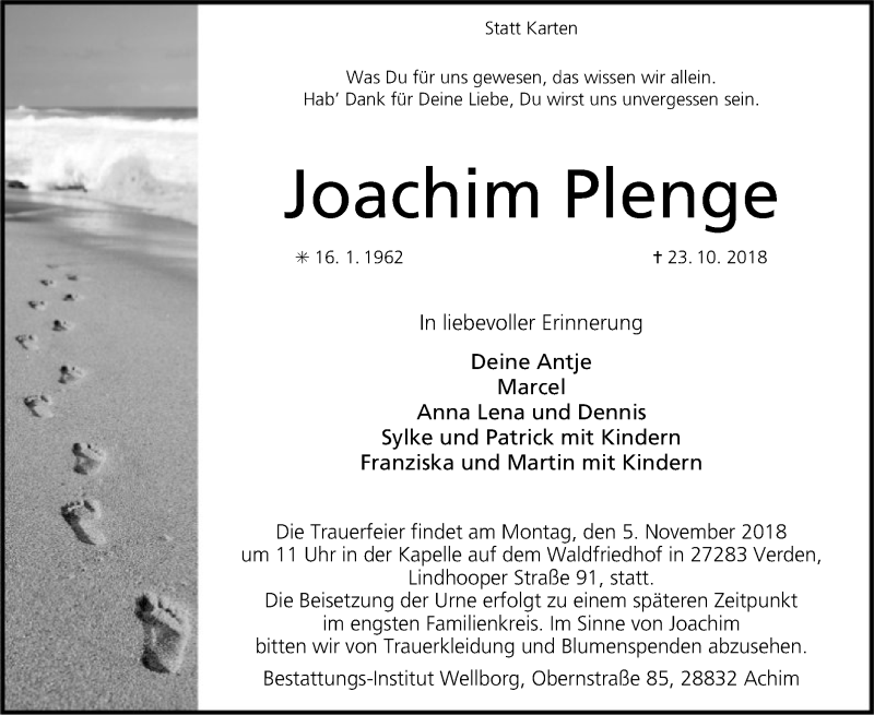  Traueranzeige für Joachim Plenge vom 01.11.2018 aus SYK
