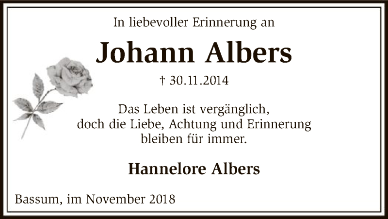  Traueranzeige für Johann Albers vom 30.11.2018 aus SYK