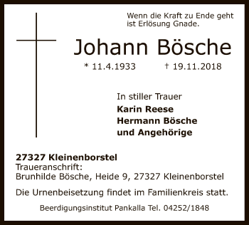 Traueranzeige von Johann Bösche von SYK