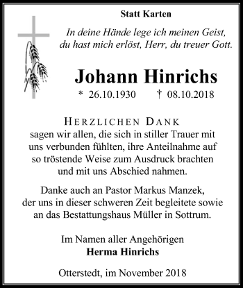 Traueranzeige von Johann Hinrichs von SYK