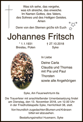 Traueranzeige von Johannes Fritsch