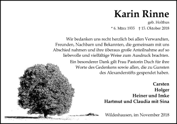 Traueranzeige von Karin Rinne von SYK