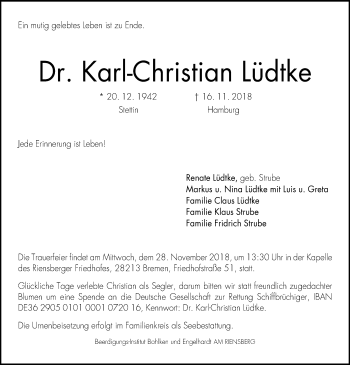 Traueranzeige von Karl-Christian Lüdtke von SYK