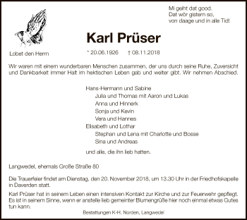 Traueranzeige von Karl Prüser von SYK