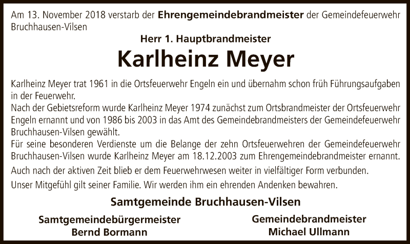  Traueranzeige für Karlheinz Meyer vom 16.11.2018 aus SYK