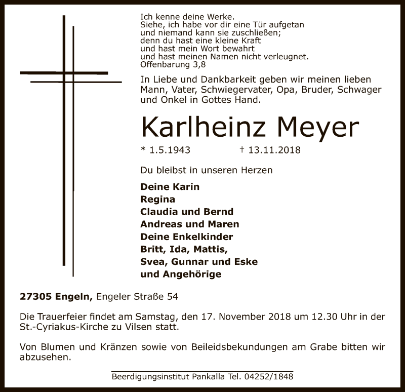  Traueranzeige für Karlheinz Meyer vom 15.11.2018 aus SYK