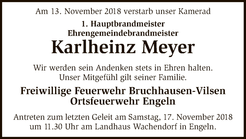  Traueranzeige für Karlheinz Meyer vom 16.11.2018 aus SYK