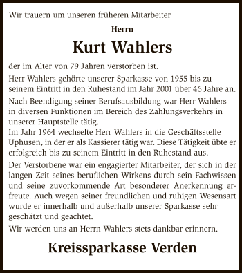 Traueranzeige von Kurt Wahlers von SYK