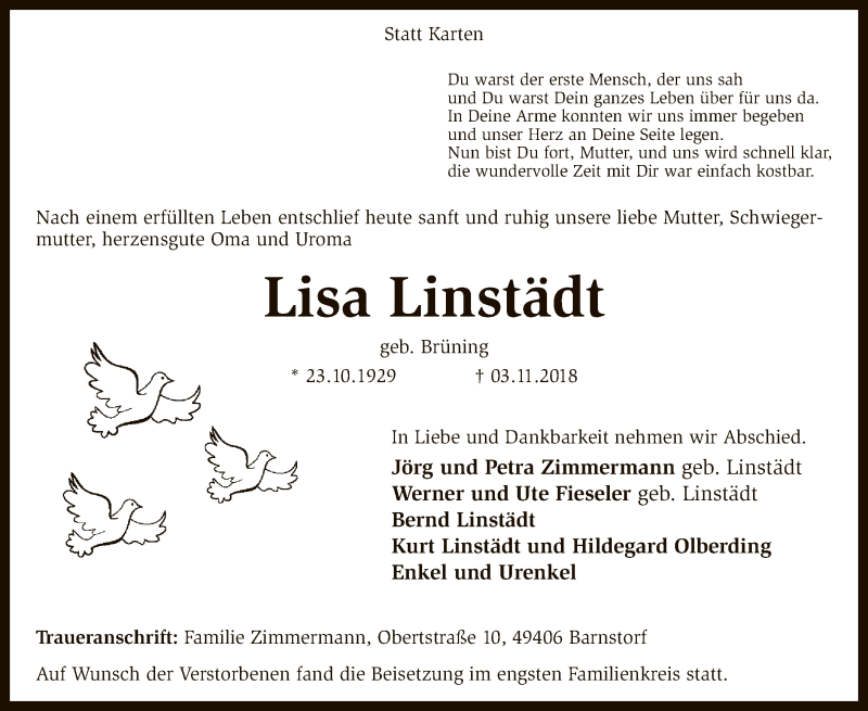  Traueranzeige für Lisa Linstädt vom 08.11.2018 aus SYK
