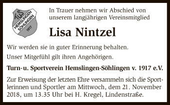 Traueranzeige von Lisa Nintzel von SYK