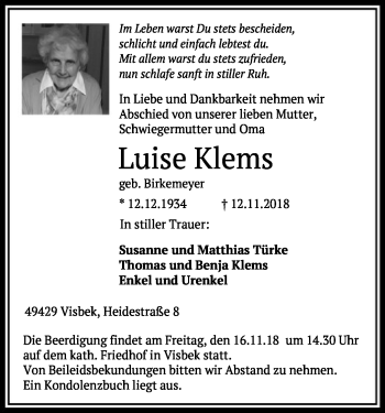 Traueranzeige von Luise Klems von SYK